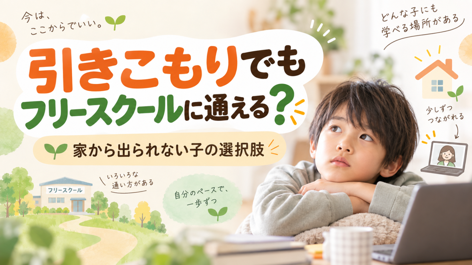 引きこもりでもフリースクールに通える?家から出られない子の選択肢を紹介するアイキャッチ画像