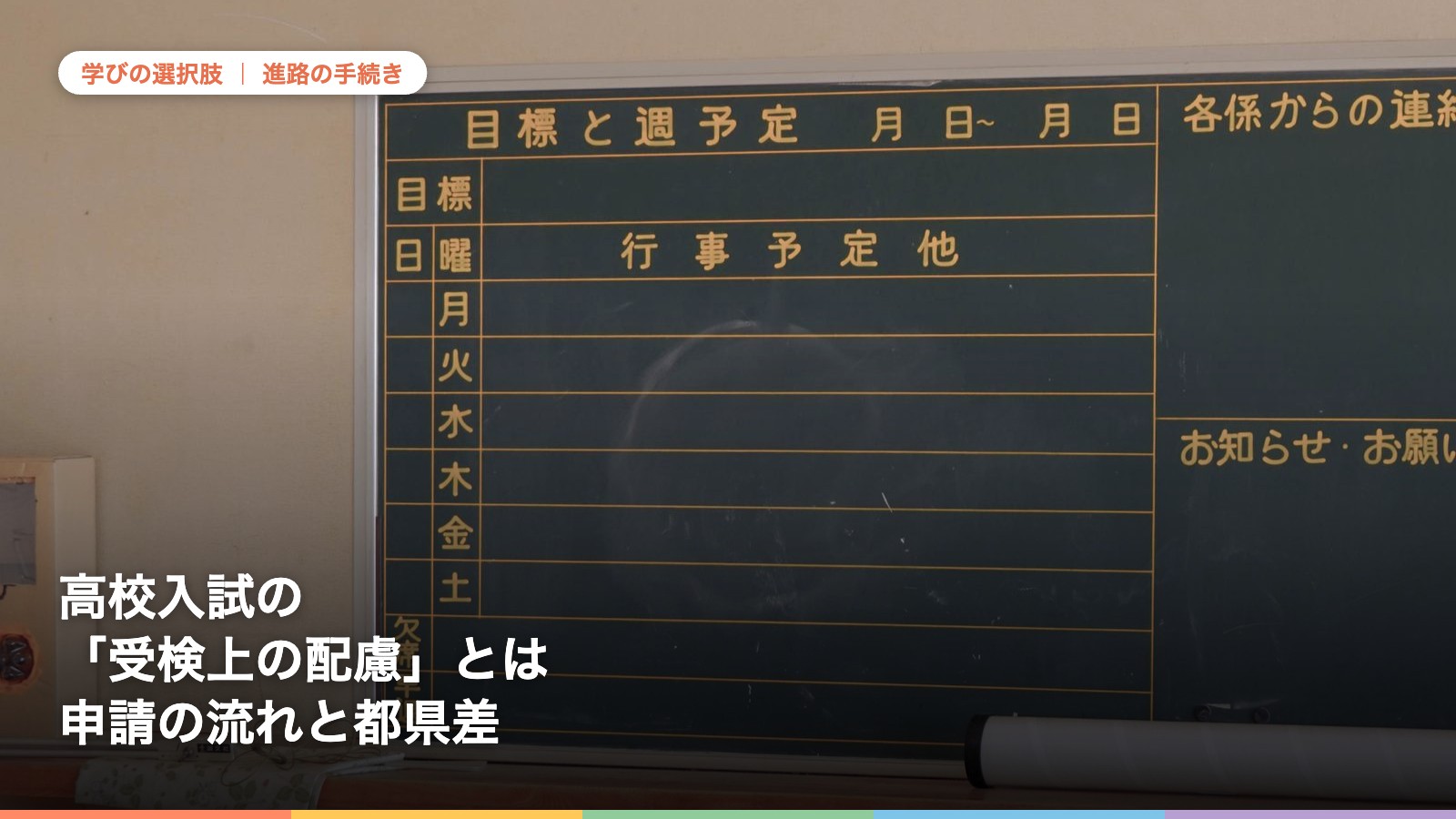 黒板と木製の棚がある静かな教室。高校入試の受検上の配慮について解説する記事のアイキャッチ