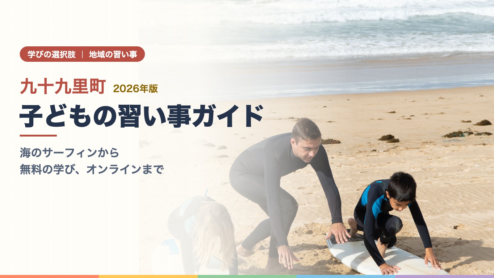 砂浜でサーフィンを教わる子どもたち