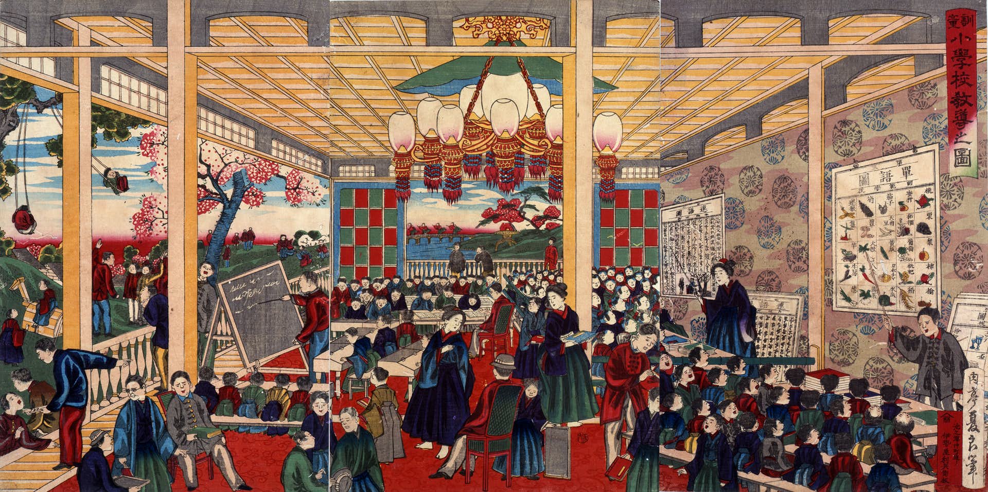 1874年の日本の小学校で子どもたちが学ぶ様子を描いた錦絵