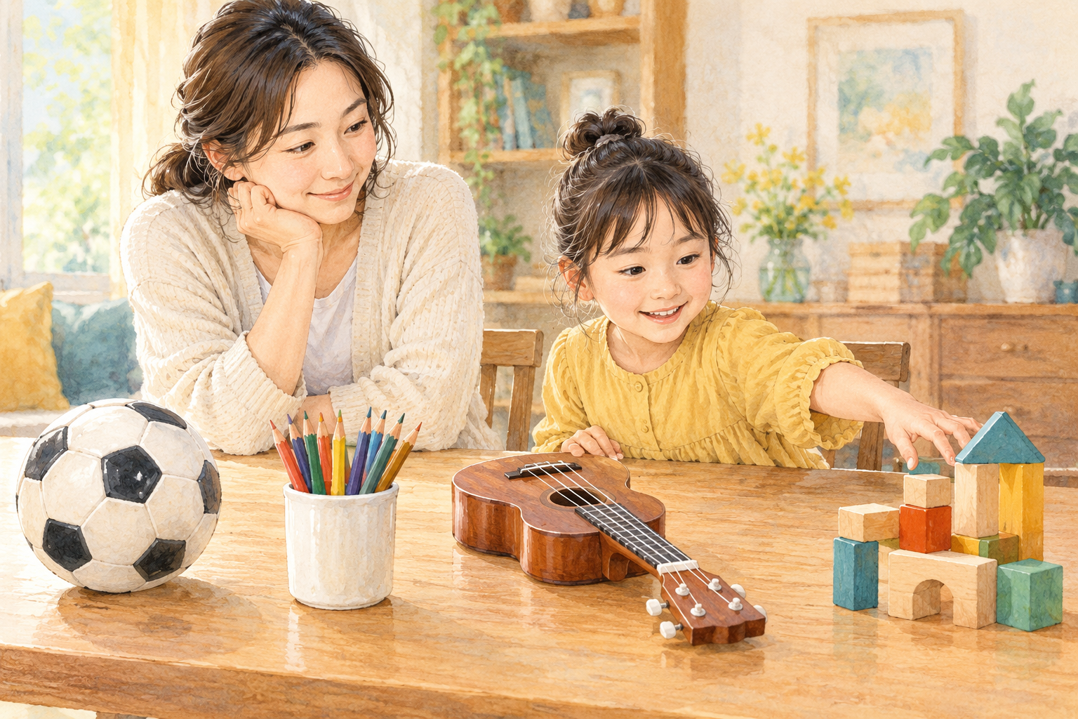 親子で活動を見ながら、子どもが興味のあるものを選ぶ挿し絵