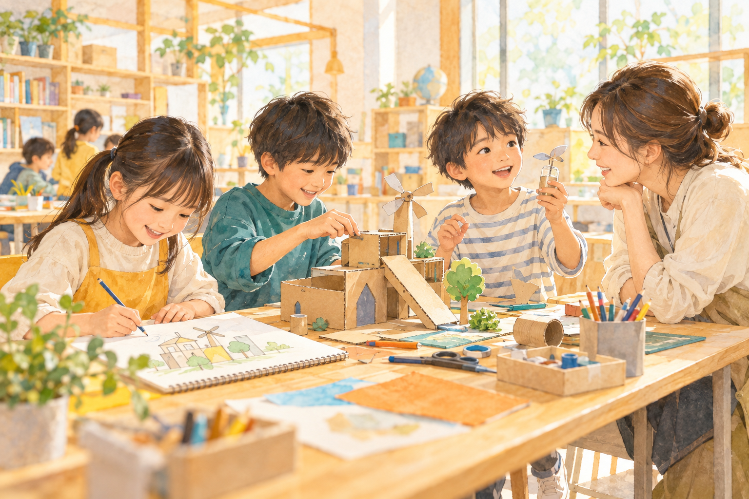 自宅から先生と仲間につながり、工作をする子どもの挿し絵