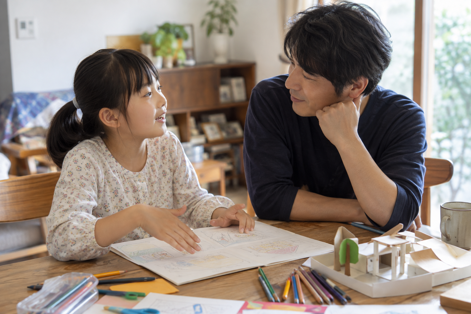 子どもの考えを聞いてから、必要な手助けを相談する。（AI生成の写真イメージ）