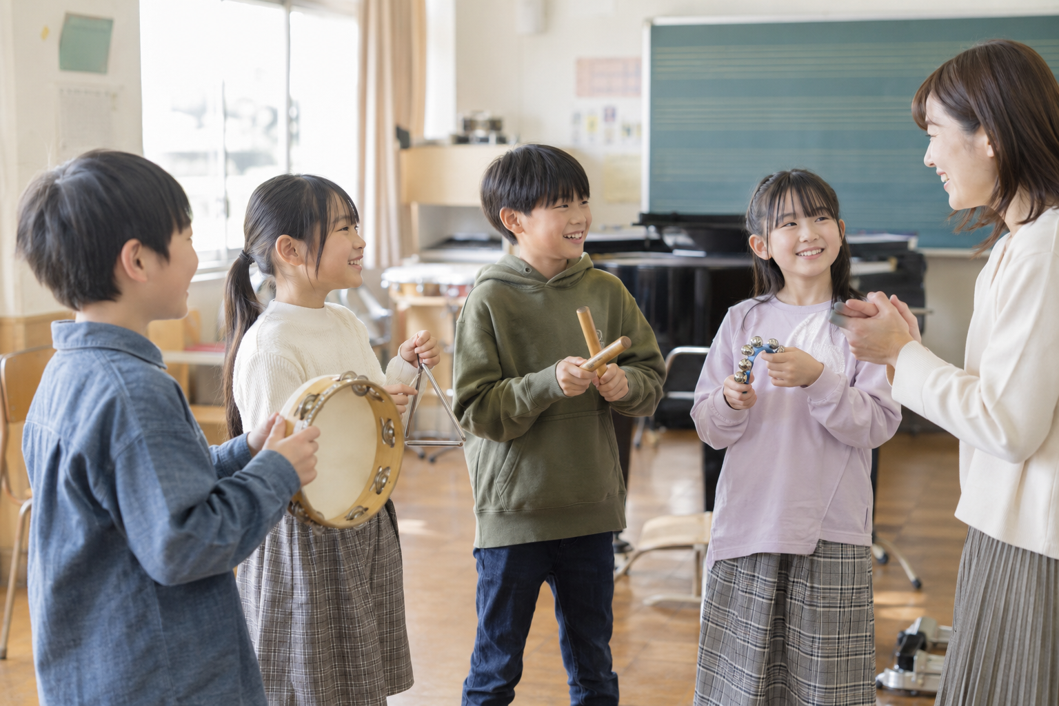 音を聴き合い、試しながら表現する音楽の活動。（AI生成の写真イメージ）