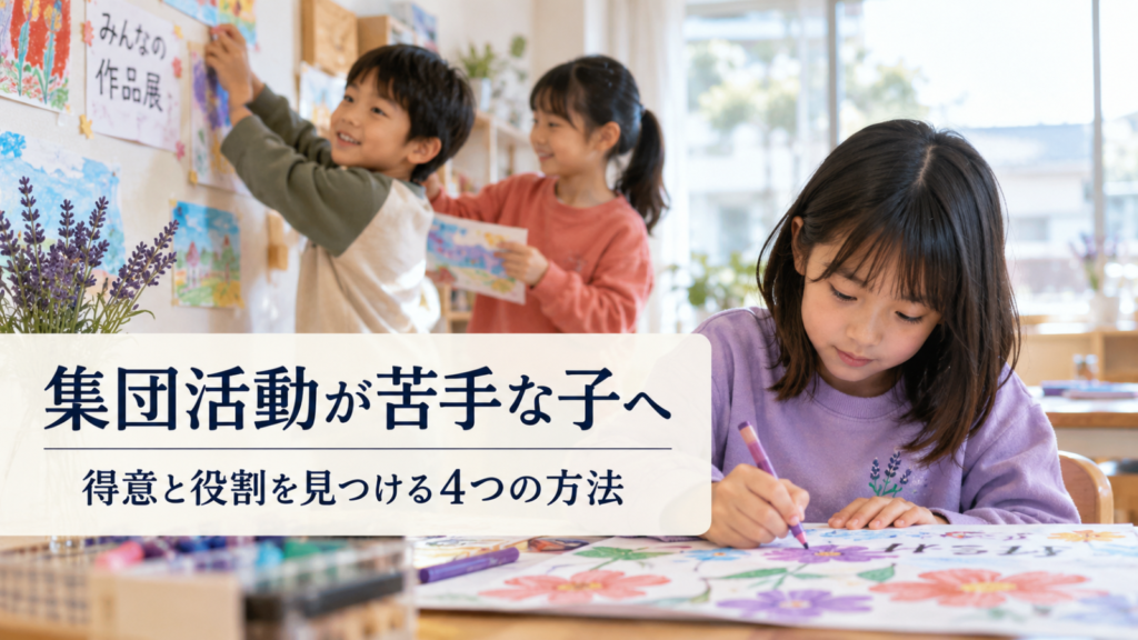 絵を描く役割や展示の準備をそれぞれ担う子どもたちの写真イメージ（AI生成）