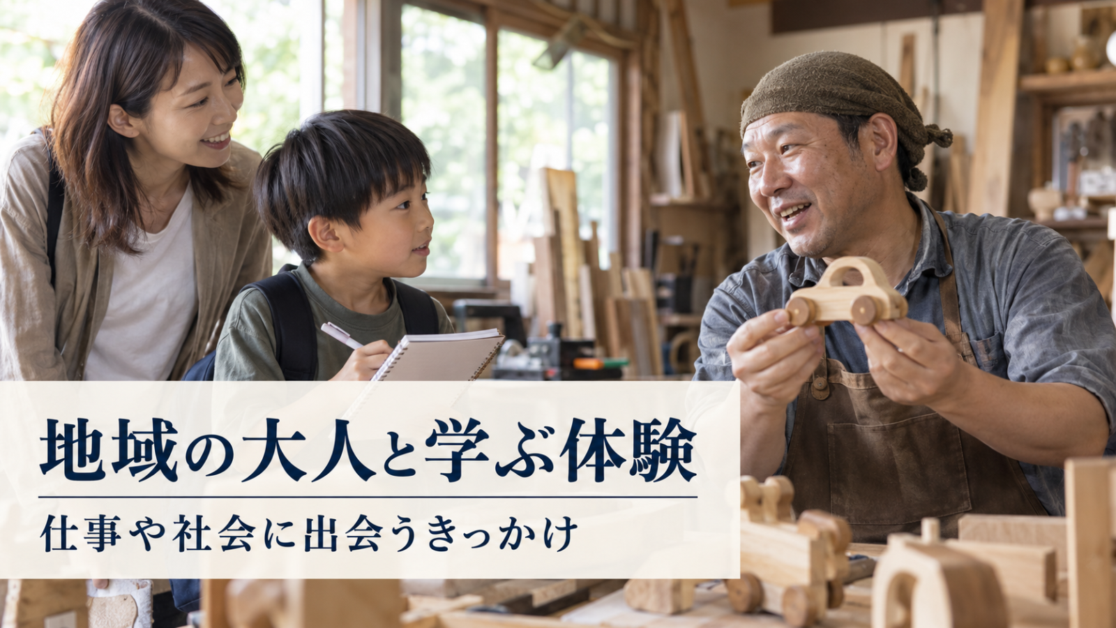 保護者と一緒に地域の職人へ仕事の話を聞く子どもの写真イメージ（AI生成）