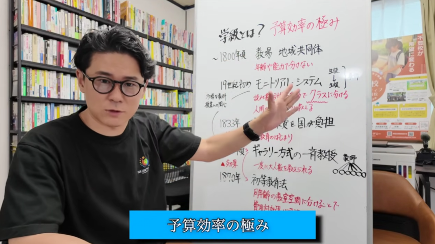 学級制度と教育の効率について解説するタツロー校長