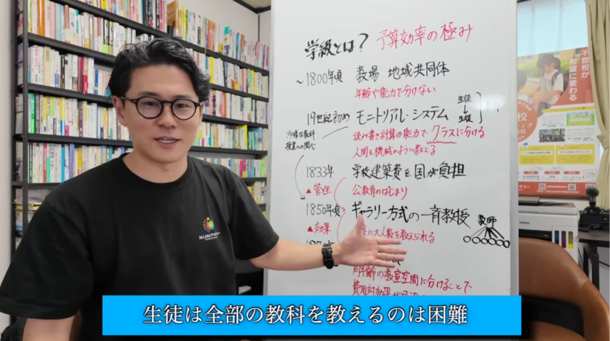 モニトリアルシステムからギャラリー方式の一斉教授への変化を解説するタツロー校長