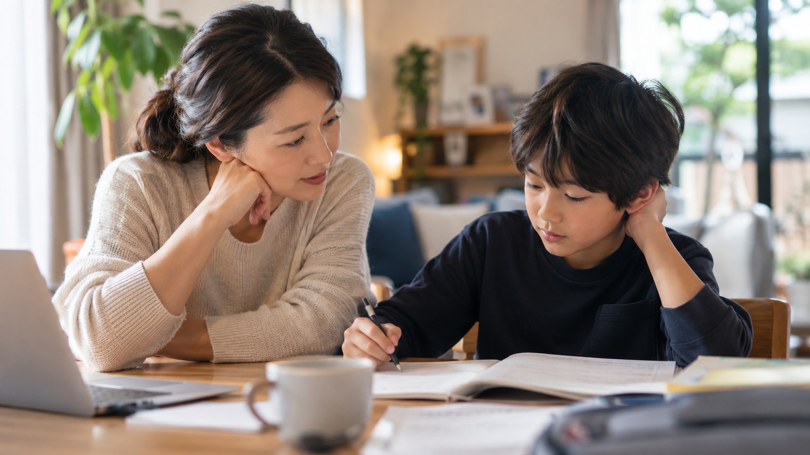 宿題のノートを見ながら話す保護者と子どものイメージ