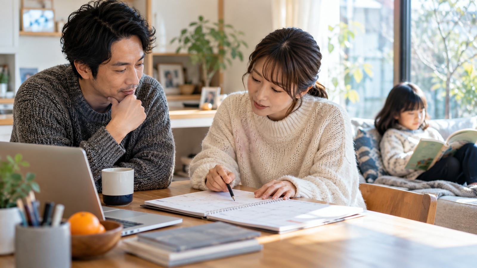 冬の予定をカレンダーで確認する家族のイメージ