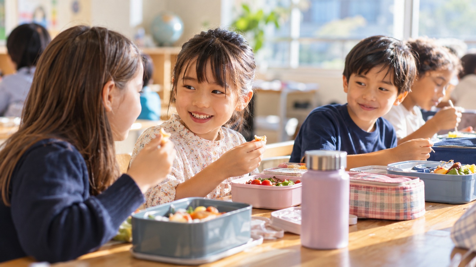 学校の昼食でお弁当を広げる子どもたちのイメージ