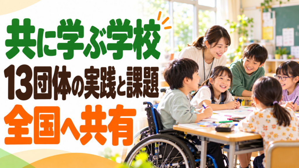 特別支援学校と地域の小学校が校庭で一緒に学ぶ明るい場面。記事見出し「学校で共に学ぶモデル事業」