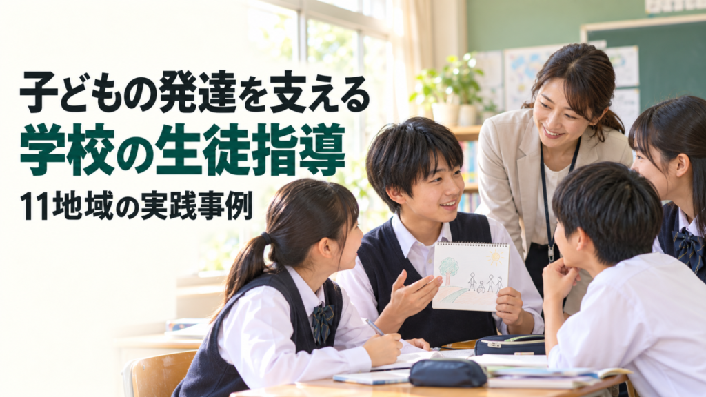 明るい教室で教員が生徒の話を聞き、子どもたちが一緒に考えている様子。記事見出し「子どもの発達を支える 学校の生徒指導 11地域の実践事例」
