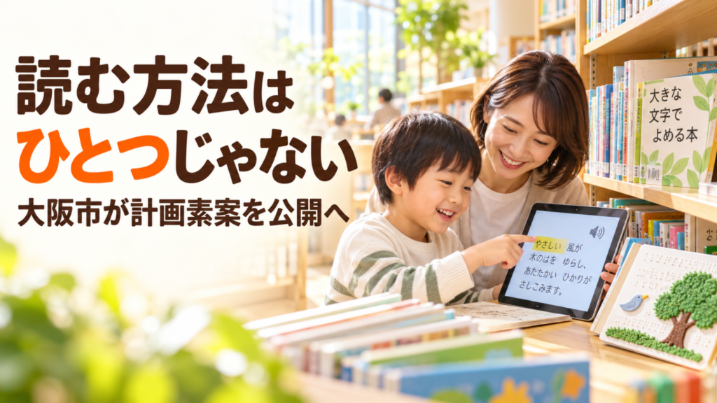 親子が図書館で大きな文字の本や音声と文字を組み合わせたタブレットを見ている様子。記事見出し「読む方法はひとつじゃない 大阪市が計画素案を公開へ」