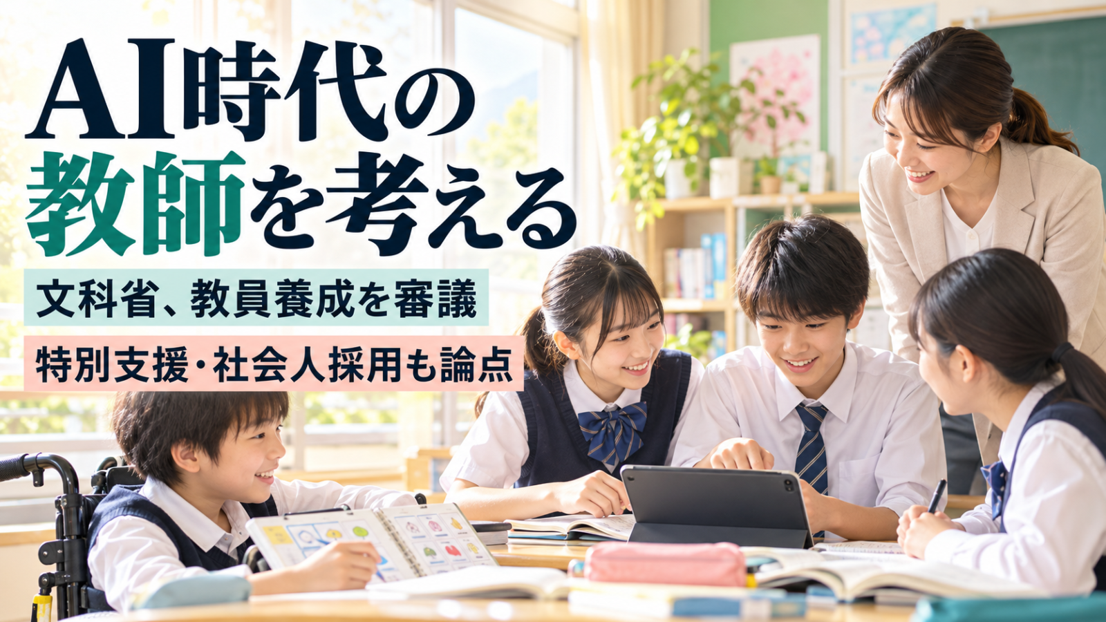 AI生成イメージ。明るい教室で教員と生徒がタブレットを使って学ぶ様子に、AI時代の教師と教員養成を示す日本語文字を重ねたアイキャッチ。実在の学校・人物ではありません。