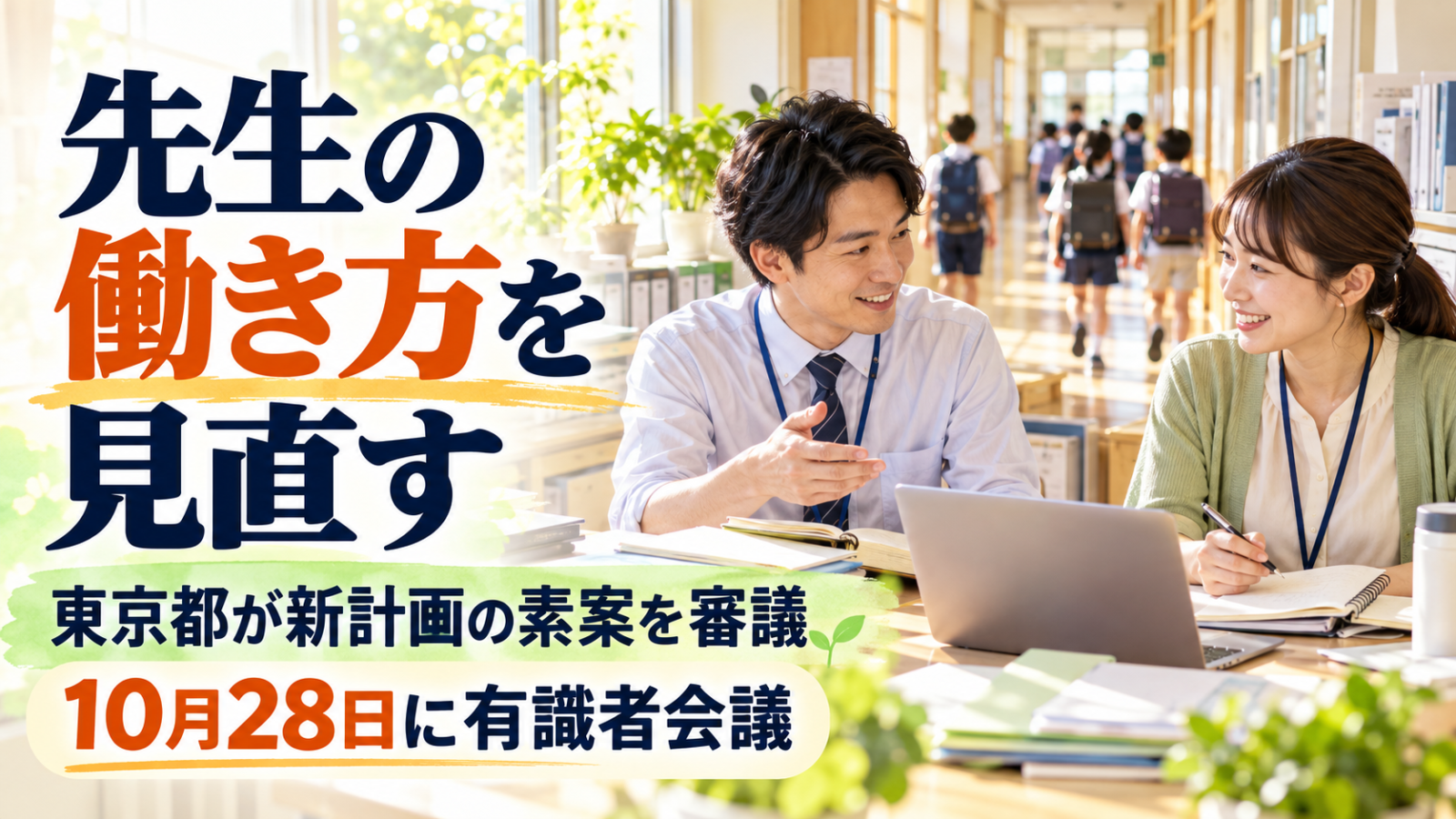 AI生成イメージ。明るい職員室で教員2人が授業準備を相談する様子に、東京都の学校働き方改革計画素案の審議を示す文字を重ねたアイキャッチ。実在の学校・人物ではありません。
