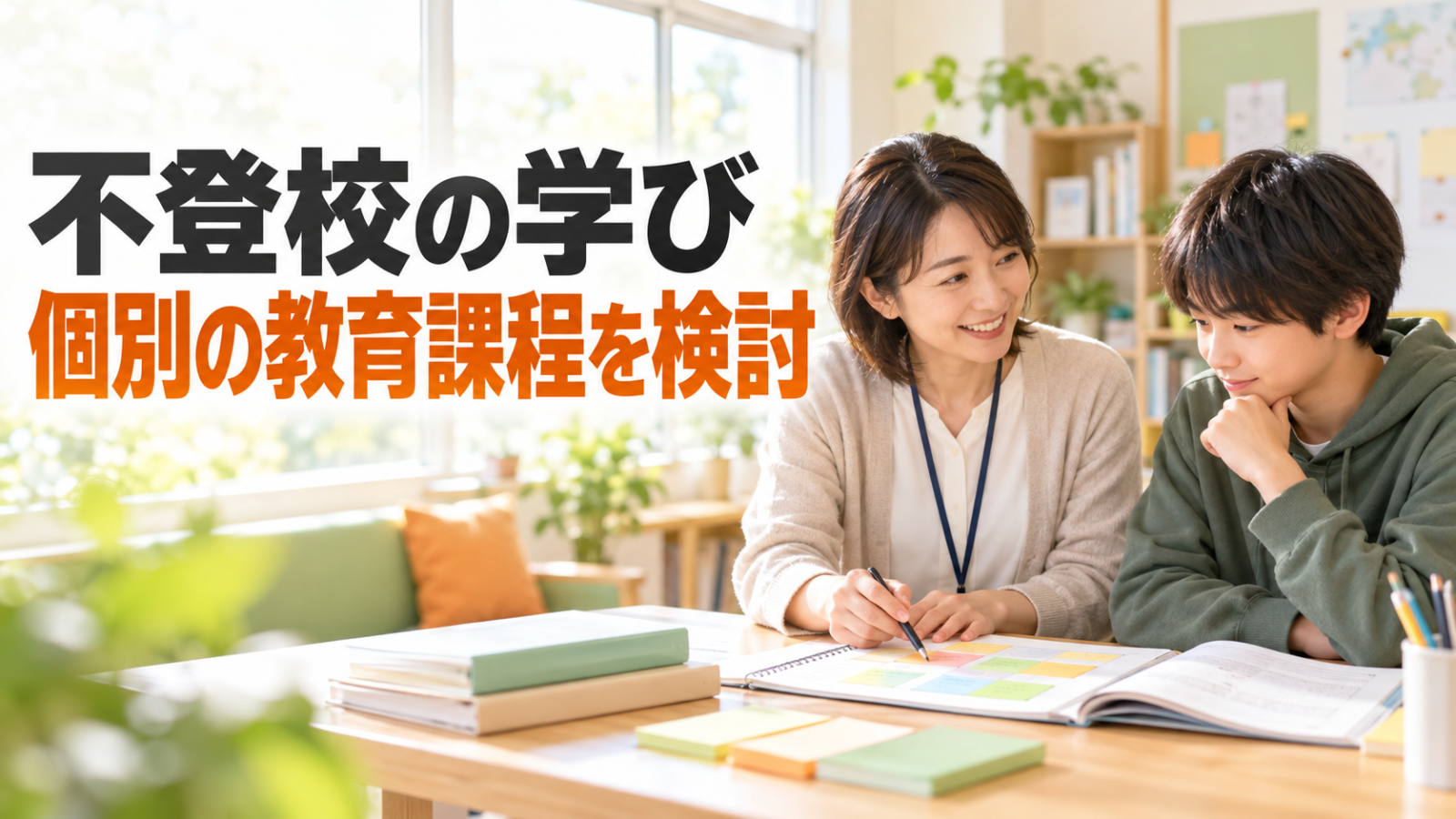 AI生成イメージ。明るい学習支援室で教員と生徒が学習計画を話し合う場面に「不登校の学び 個別の教育課程を検討」の文字を重ねた教育ニュースのサムネイル。実在の人物・学校ではありません。