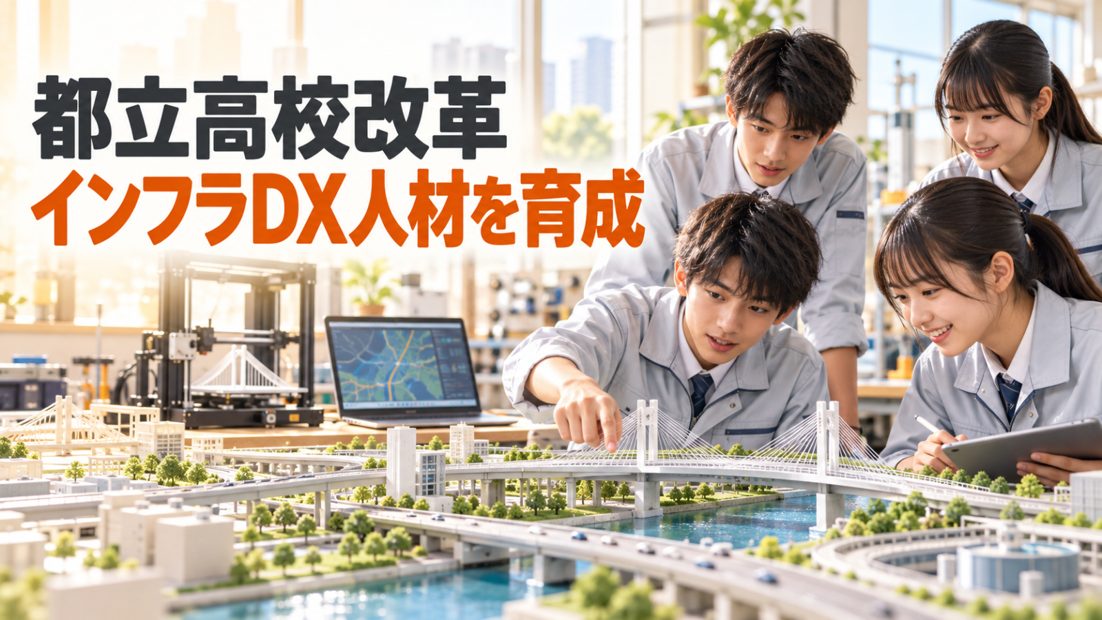 AI生成イメージ。明るい工科高校の実習室で生徒が都市インフラの模型を囲む様子に「都立高校改革 インフラDX人材を育成」の文字を重ねた教育ニュースのサムネイル。実在の学校・人物ではありません。