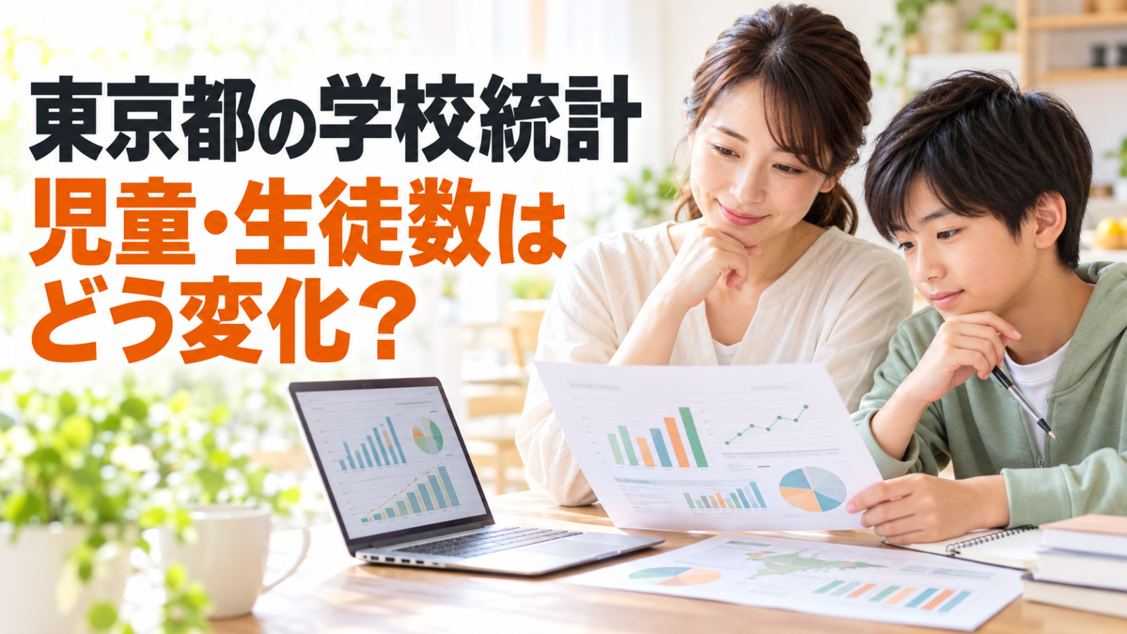 AI生成イメージ。家庭で保護者と子どもが学校統計のグラフを確認する明るい場面に「東京都の学校統計 児童・生徒数はどう変化？」の文字を重ねた教育ニュースのサムネイル。実在の人物ではありません。