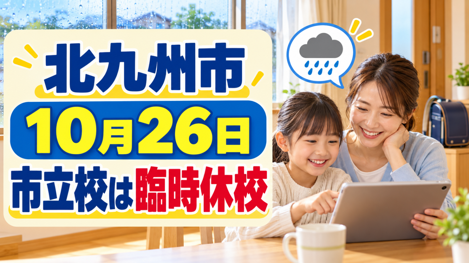 AI生成イメージ。雨の窓辺で保護者と子どもがタブレットの学校連絡を確認する明るい室内に「北九州市 10月26日 市立校は臨時休校」の文字を重ねたサムネイル。実在の人物ではありません。