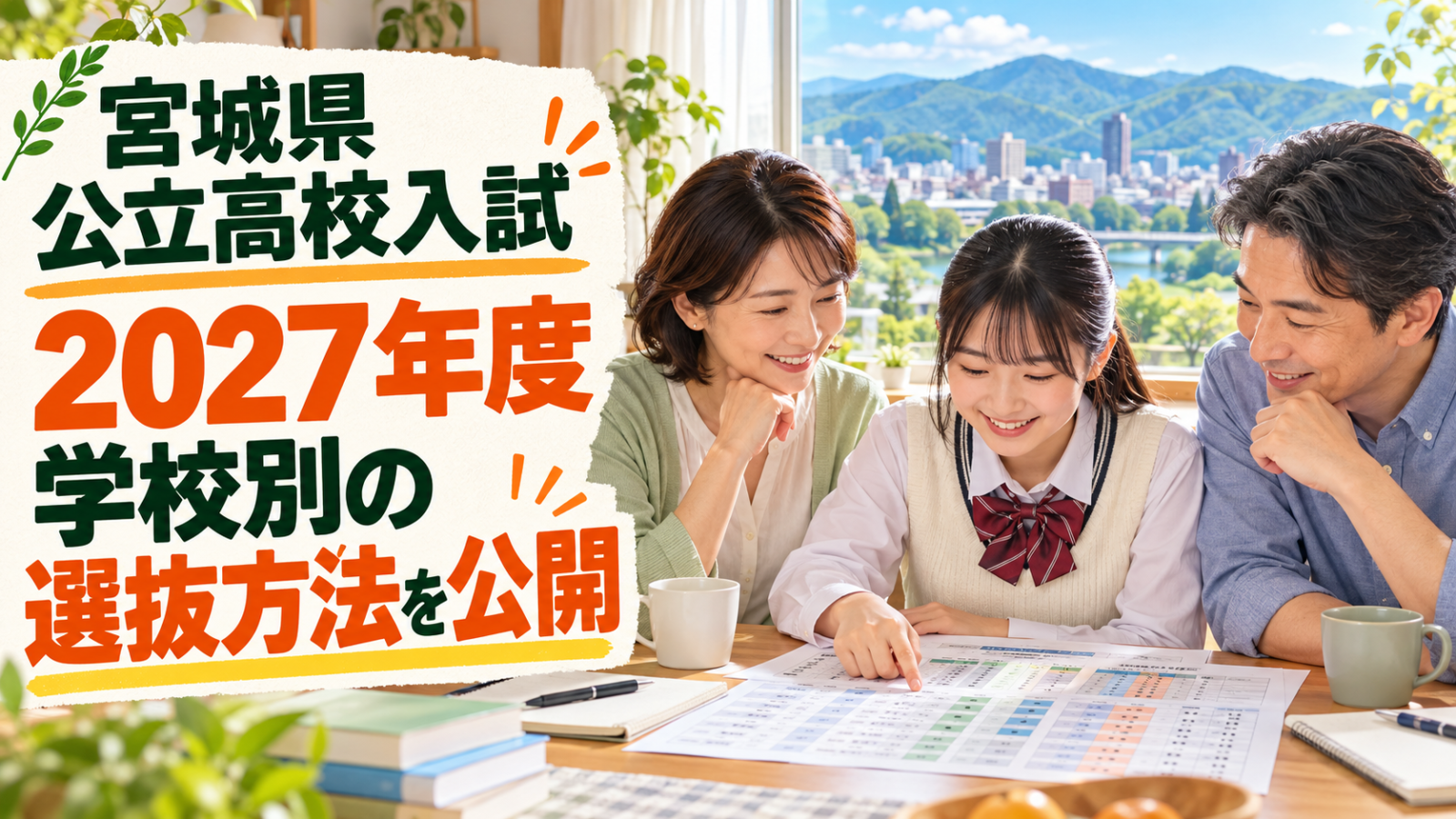 AI生成イメージ。宮城県の山並みを望む明るい食卓で保護者と高校生が入試資料を見る場面に「宮城県 公立高校入試 2027年度 学校別の選抜方法を公開」の文字を入れた教育ニュースのサムネイル。実在の人物・学校ではありません。