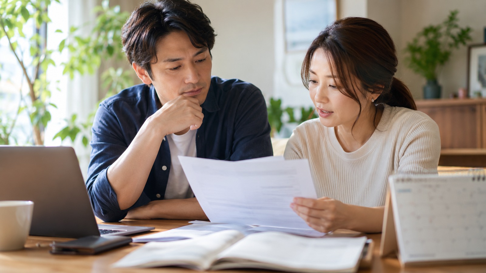 学費の資料とカレンダーを見比べる保護者のイメージ