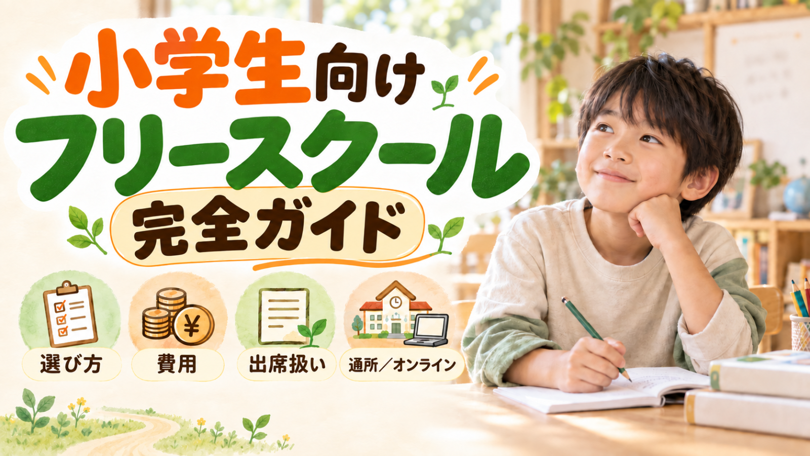 小学生向けフリースクール完全ガイド。机で学ぶ小学生のイメージと、選び方・費用・出席扱い・通所/オンラインの案内