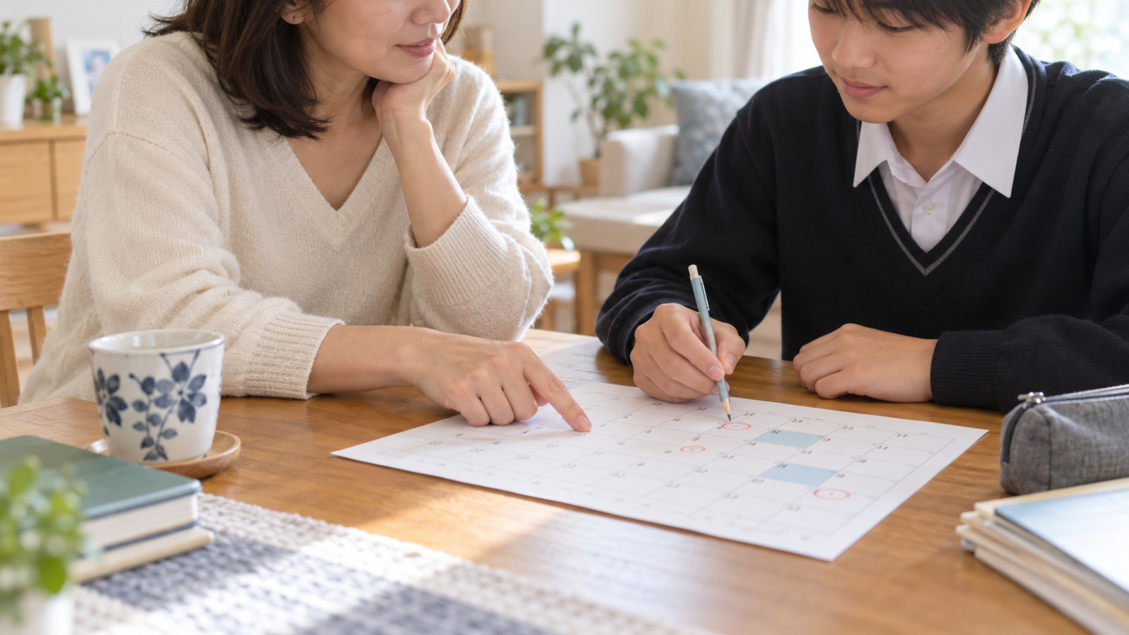 親子がカレンダーを見ながら欠席日数と学校への相談内容を一緒に確認している様子
