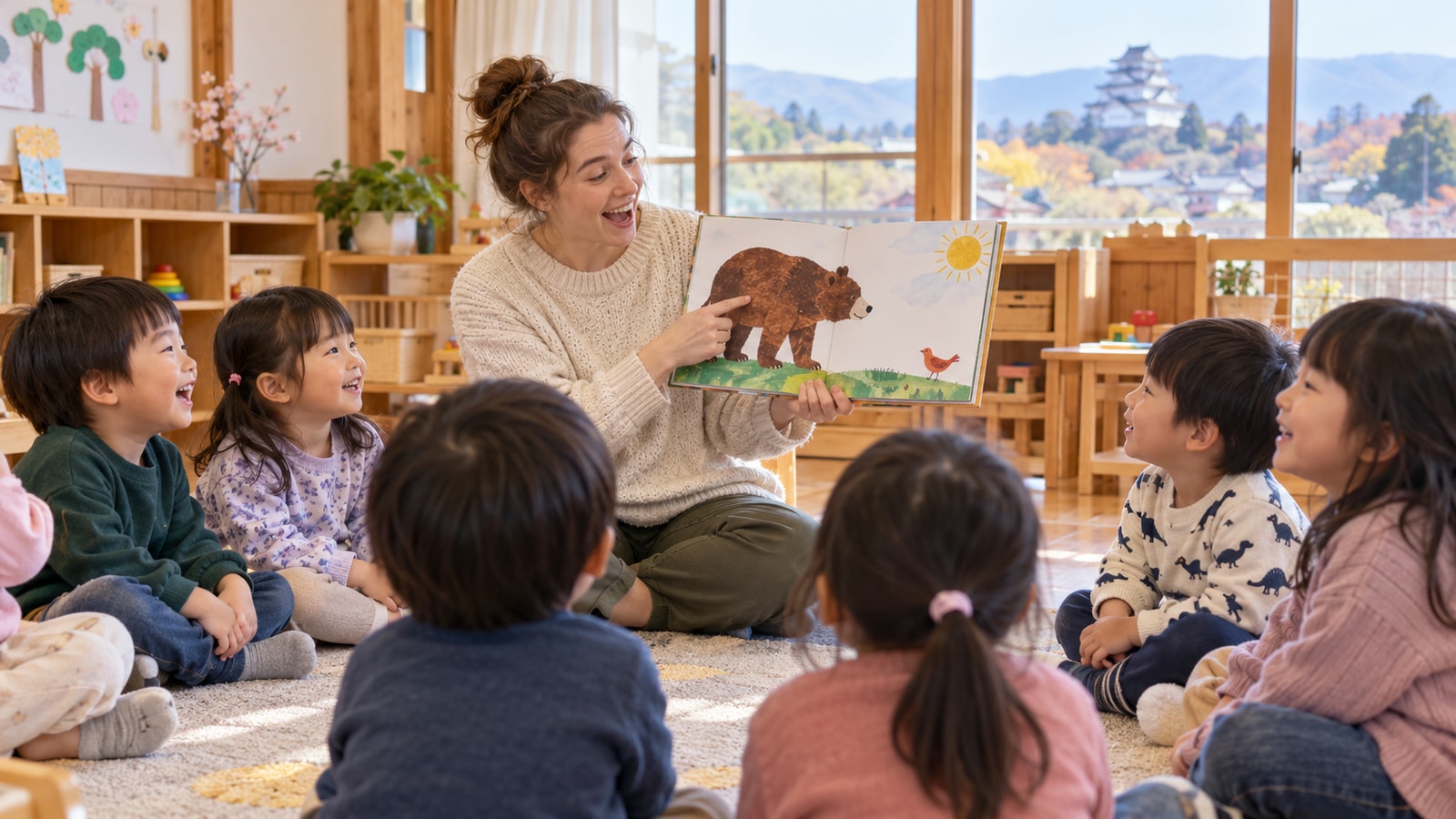 会津若松市の幼児保育で英語に触れる活動をイメージした、明るい保育室の情景