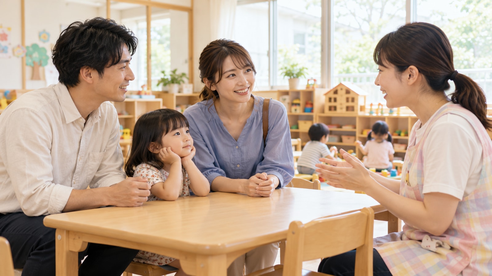 保護者と施設スタッフが利用条件を相談する様子をイメージした情景