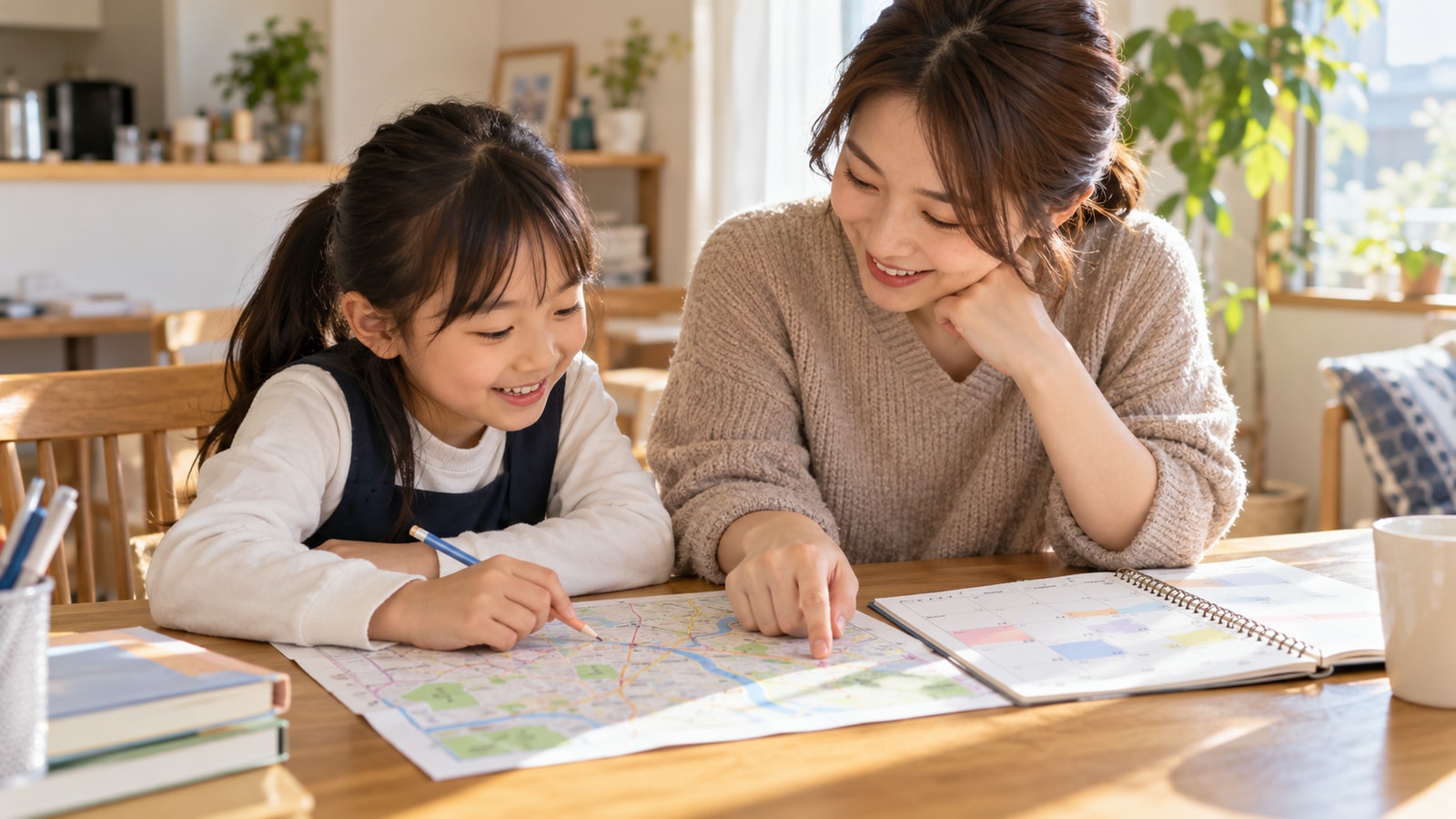 家族が学校・保育施設の所在地や通学動線を地図で確認するイメージ