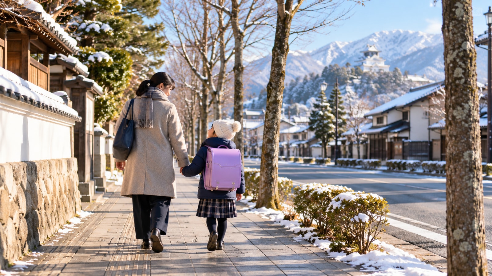 雪の季節に親子で通園・通学の道を歩く様子をイメージした冬景色