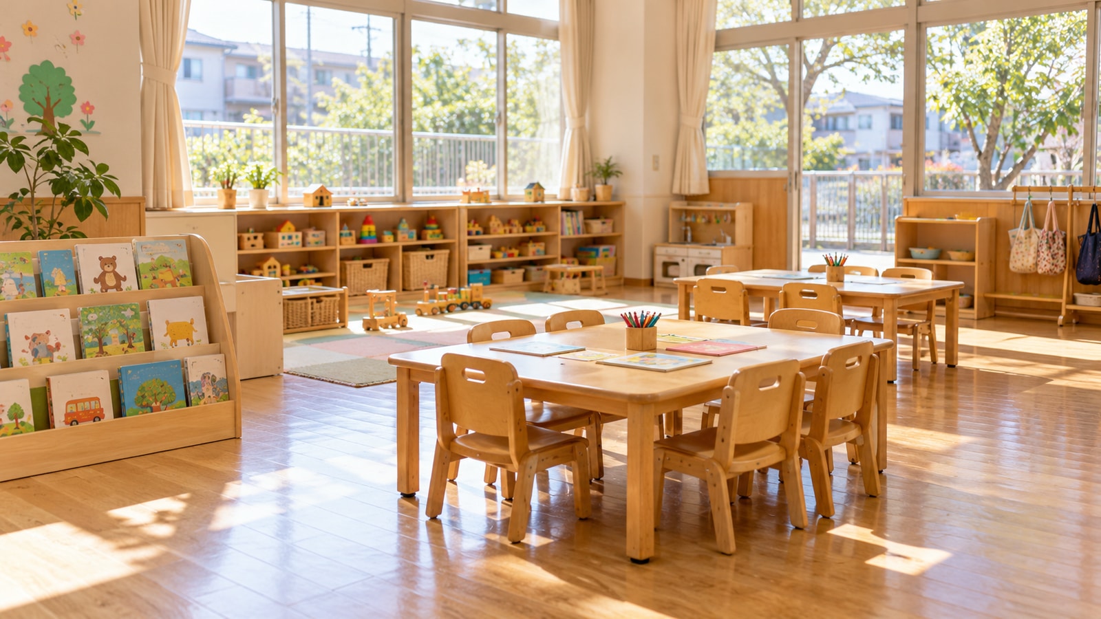 自然光の入る幼児向け学習室と遊びのスペースをイメージした情景