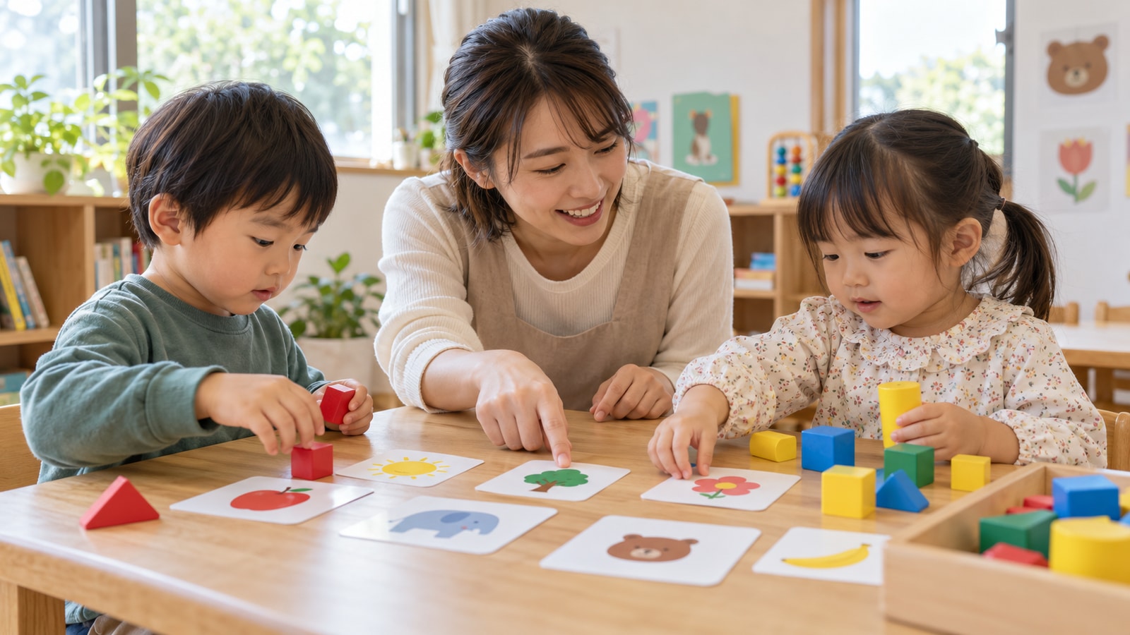 講師と子どもがブロックを使って学ぶ様子をイメージした英語活動