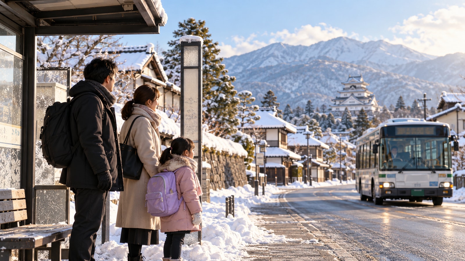 雪の日のバス停で通学を待つ親子をイメージした会津の冬景色