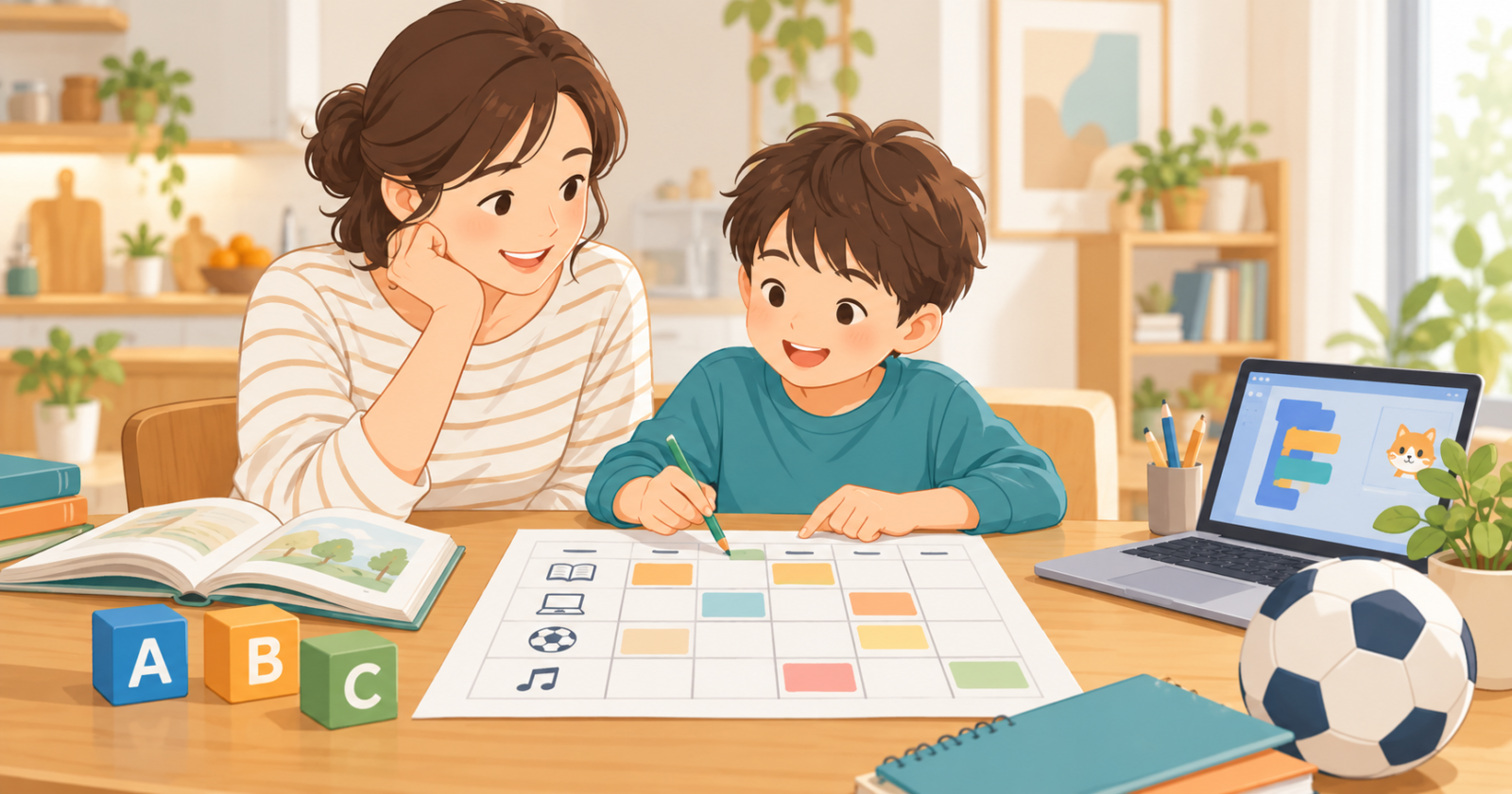 昭島市の子どもの習い事を親子で相談して選ぶイラスト