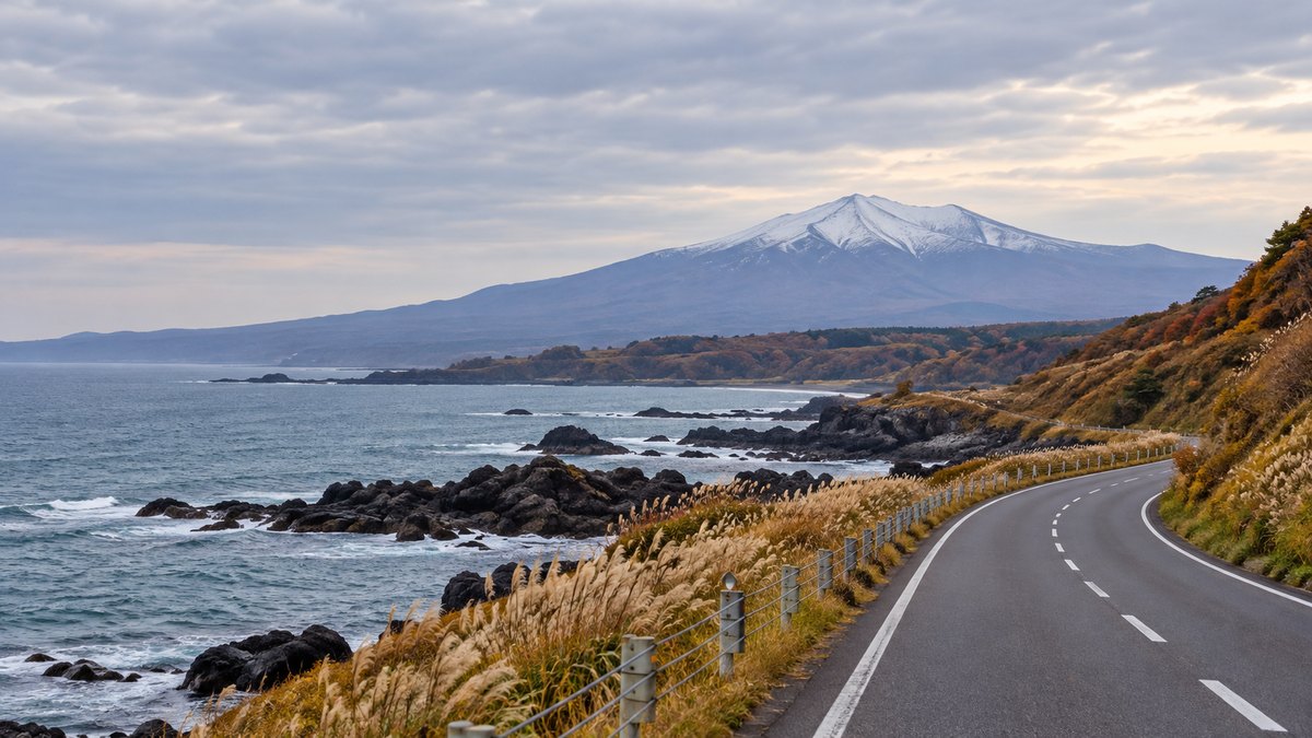 鳥海山を望む秋田県沿岸の道路と海岸の風景（記事用の生成画像）