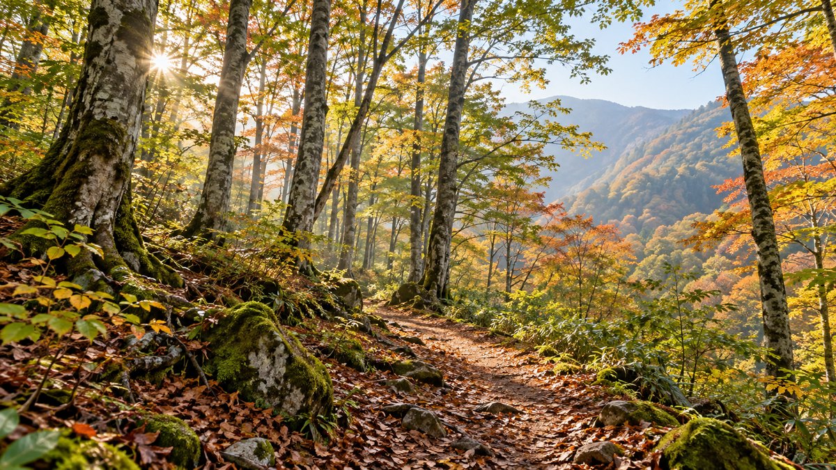 秋田の山あいにあるブナ林の小道（記事用の生成画像）