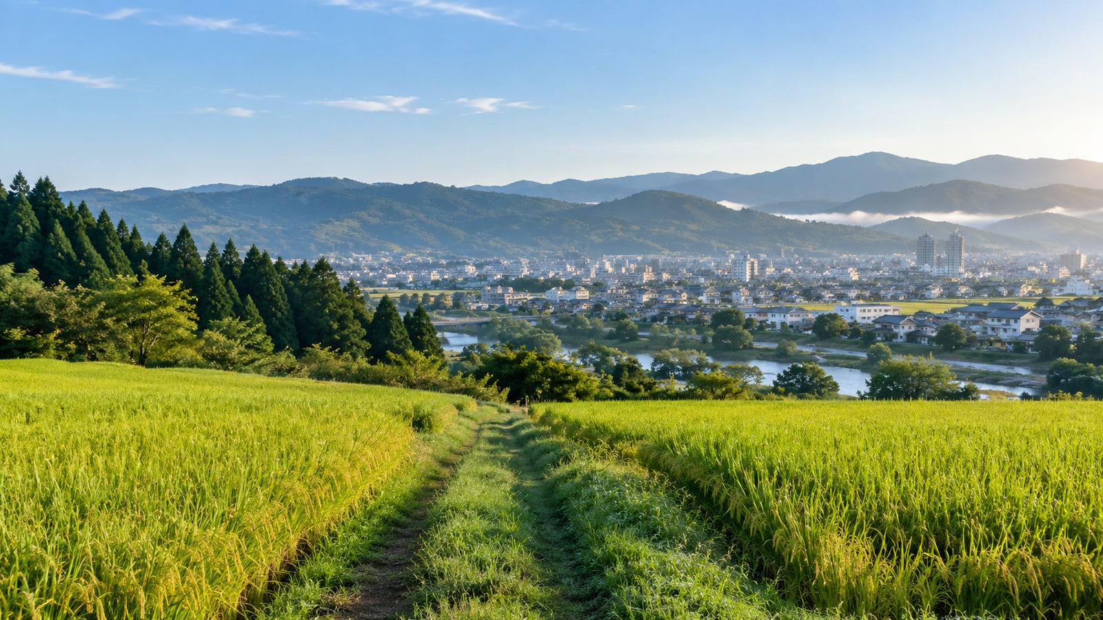 秋田市郊外の田園と山並みを望む景色