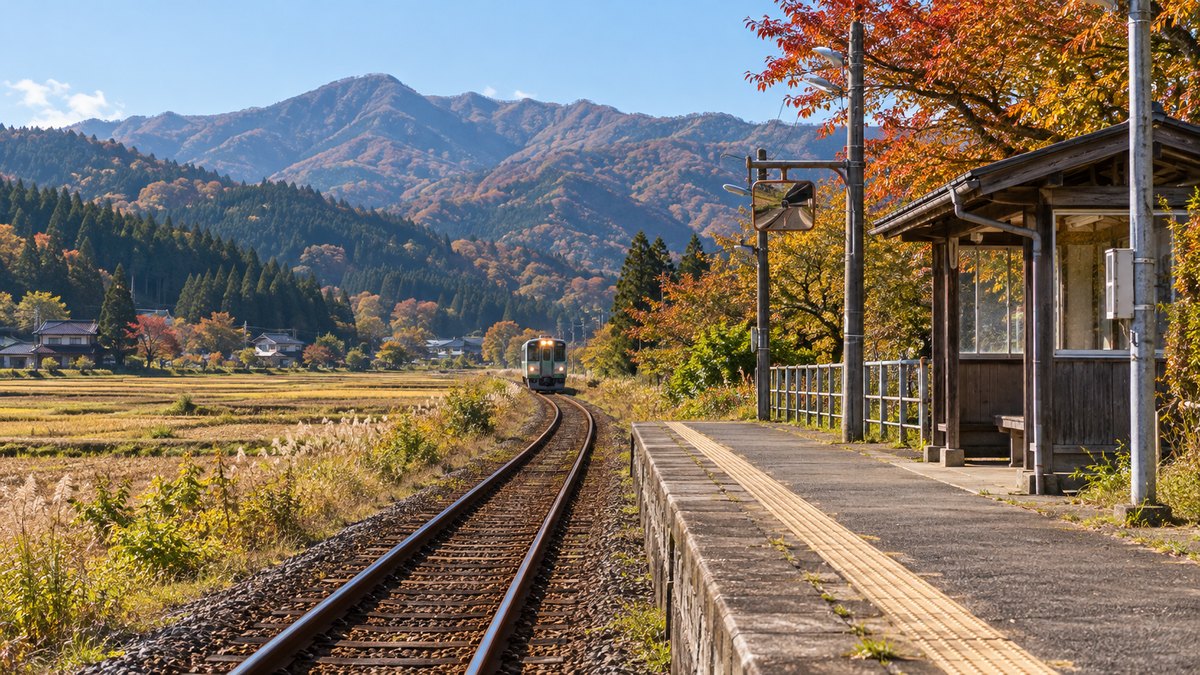 田園と山並みを走る秋田のローカル線（記事用の生成画像）