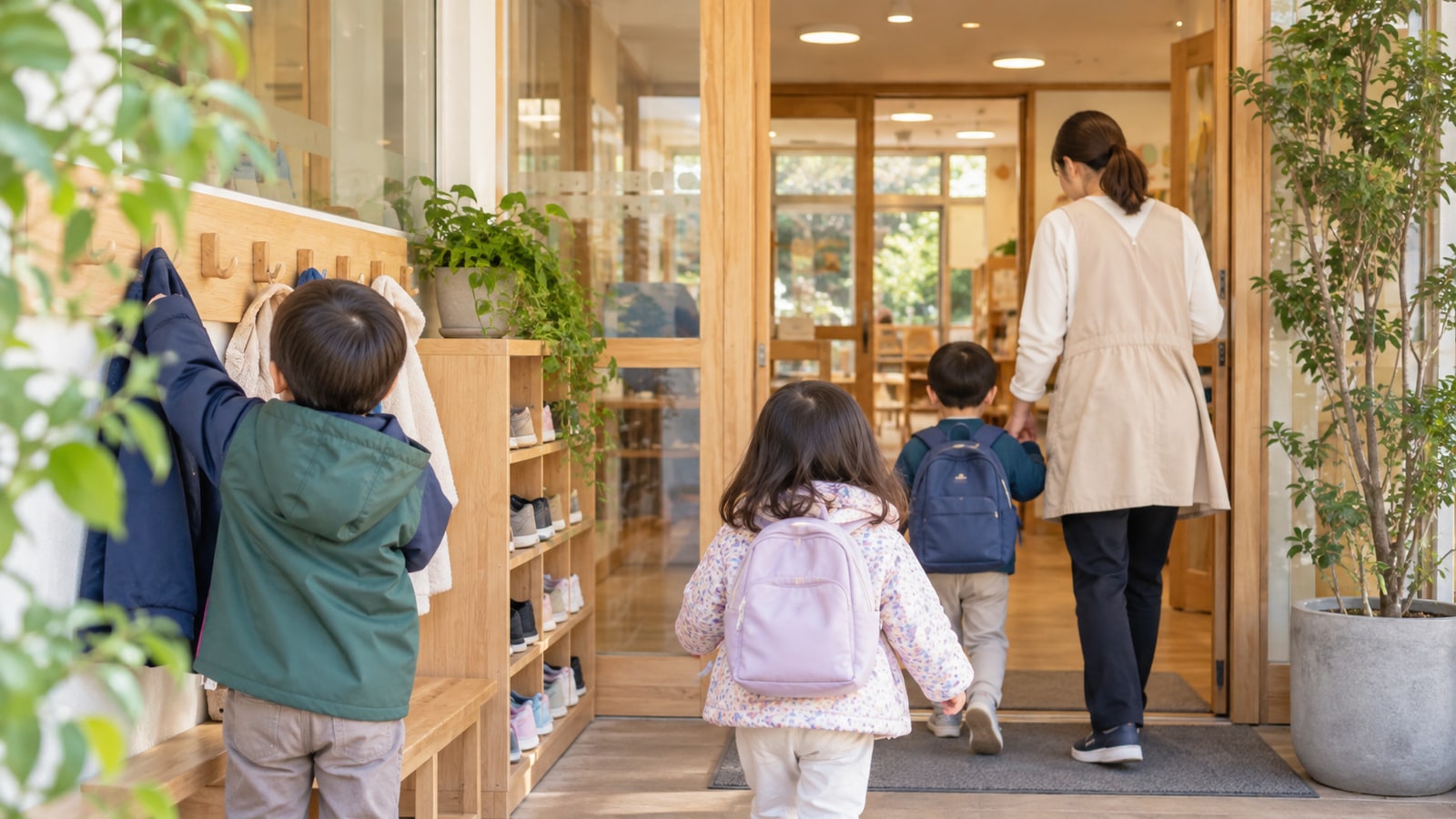 子どもと保護者が園に入る朝のイメージ