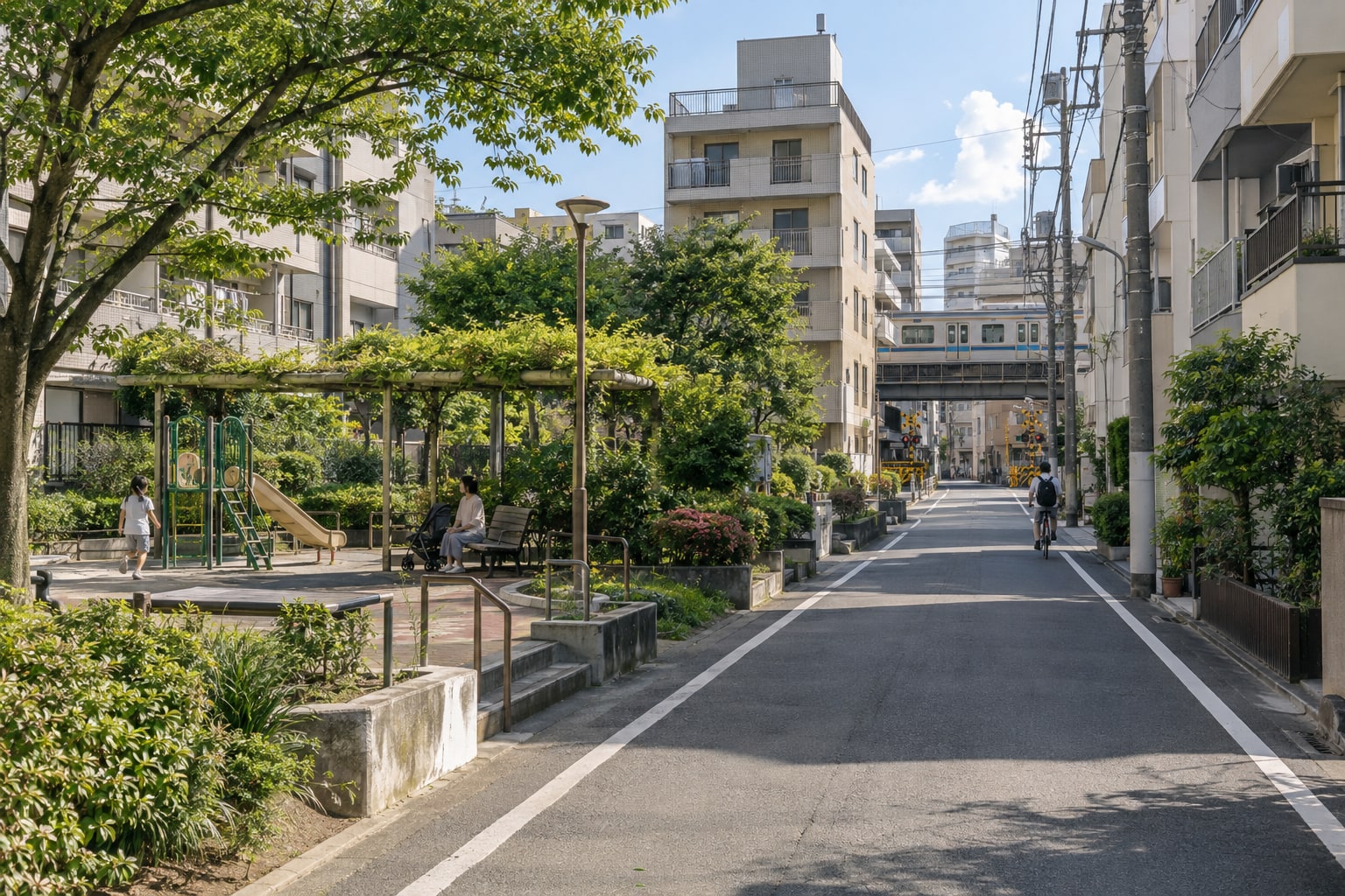 荒川区の住宅街と公園をイメージした風景