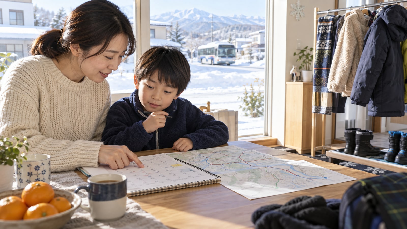 冬の送迎ルートを親子で確認するイメージ