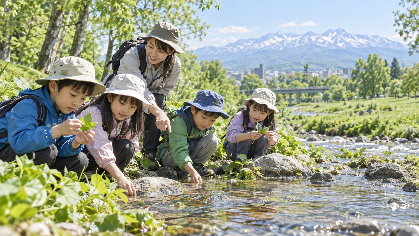 旭川の自然の中で子どもたちが観察活動をするイメージ