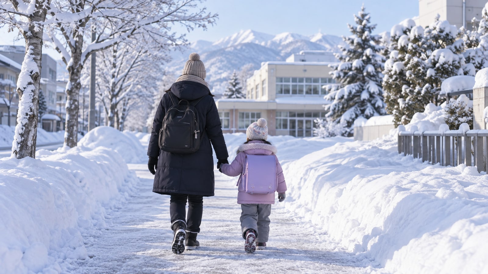 旭川の雪道を親子で歩く冬季の通園イメージ