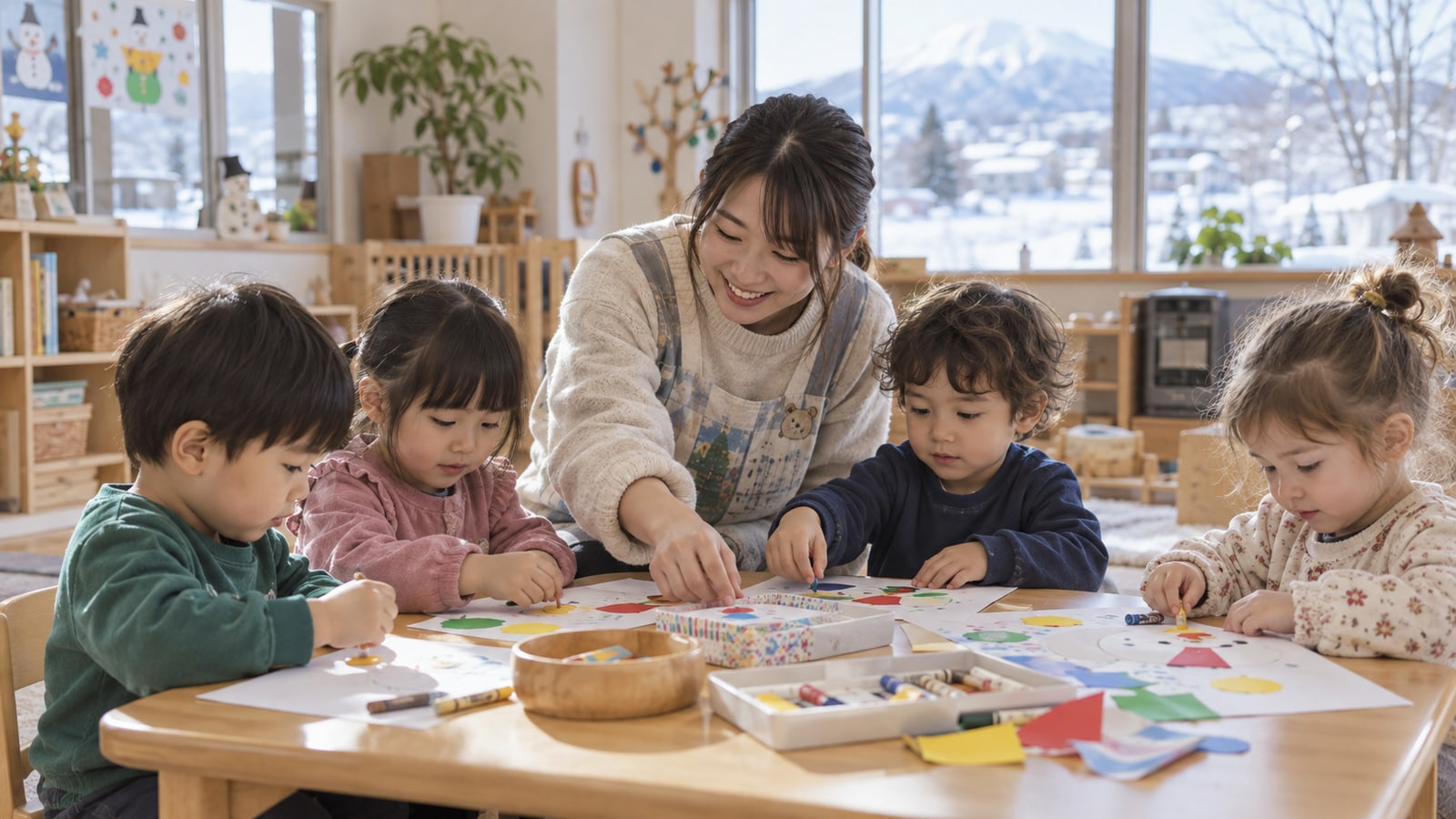 旭川の明るい保育室で子どもたちが制作活動をするイメージ