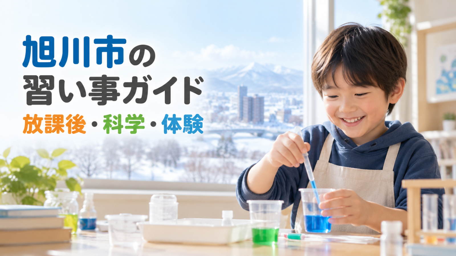旭川市の習い事ガイド。雪景色を望む明るい室内で笑顔の日本人の子どもが科学工作をする文字入り生成画像