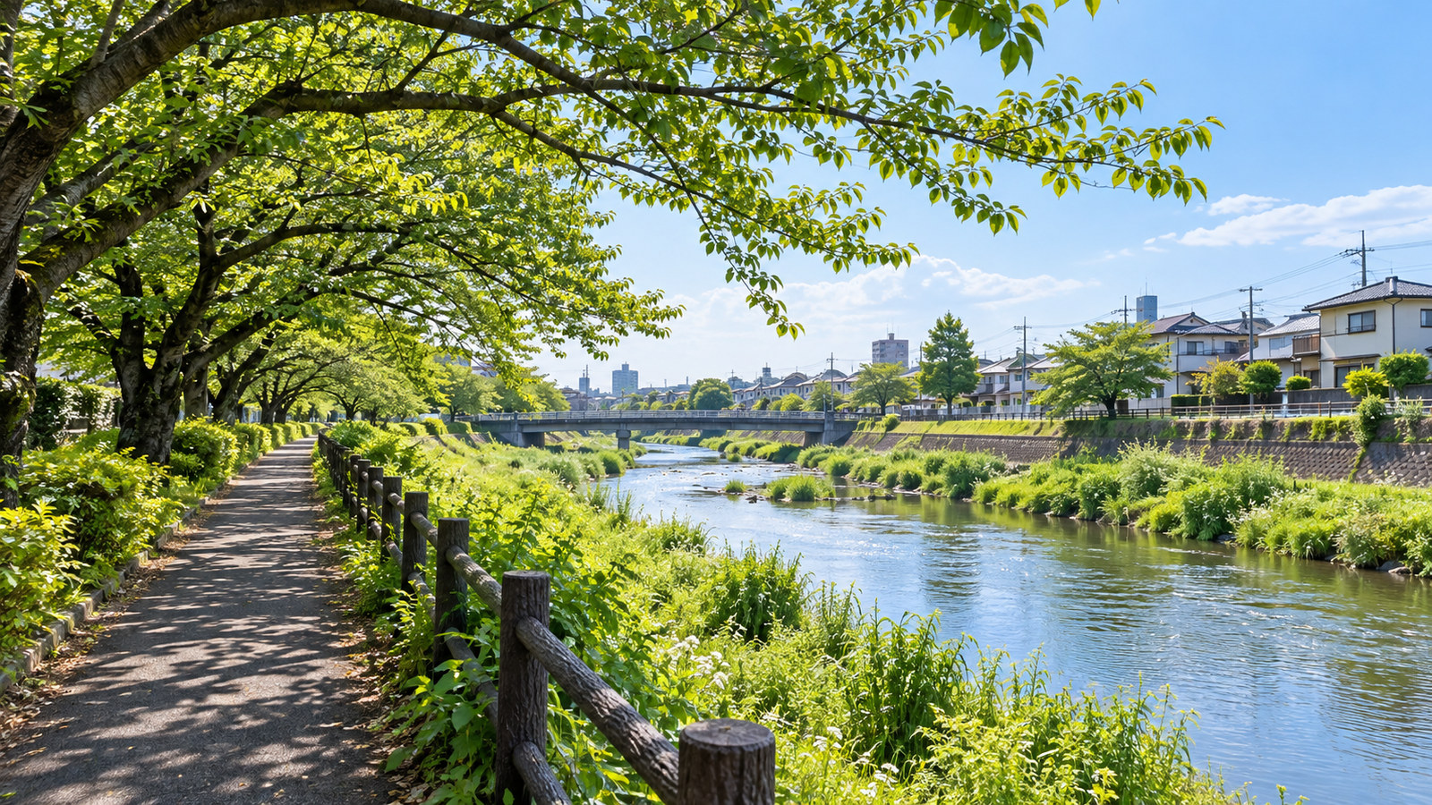 朝霞市の川沿いと住宅地をイメージした明るい風景