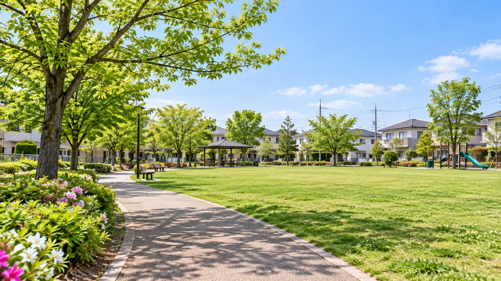 朝霞市の緑豊かな公園と歩道をイメージした景色