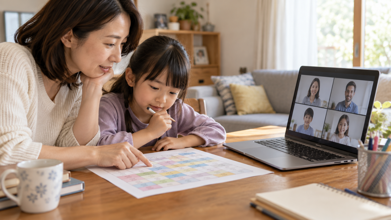 親子で時間割とオンライン学習を検討するイメージ